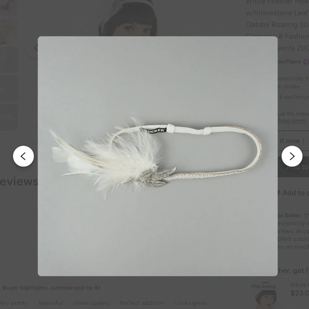White Feather Headband w/Rhinestone Leaf - NWT